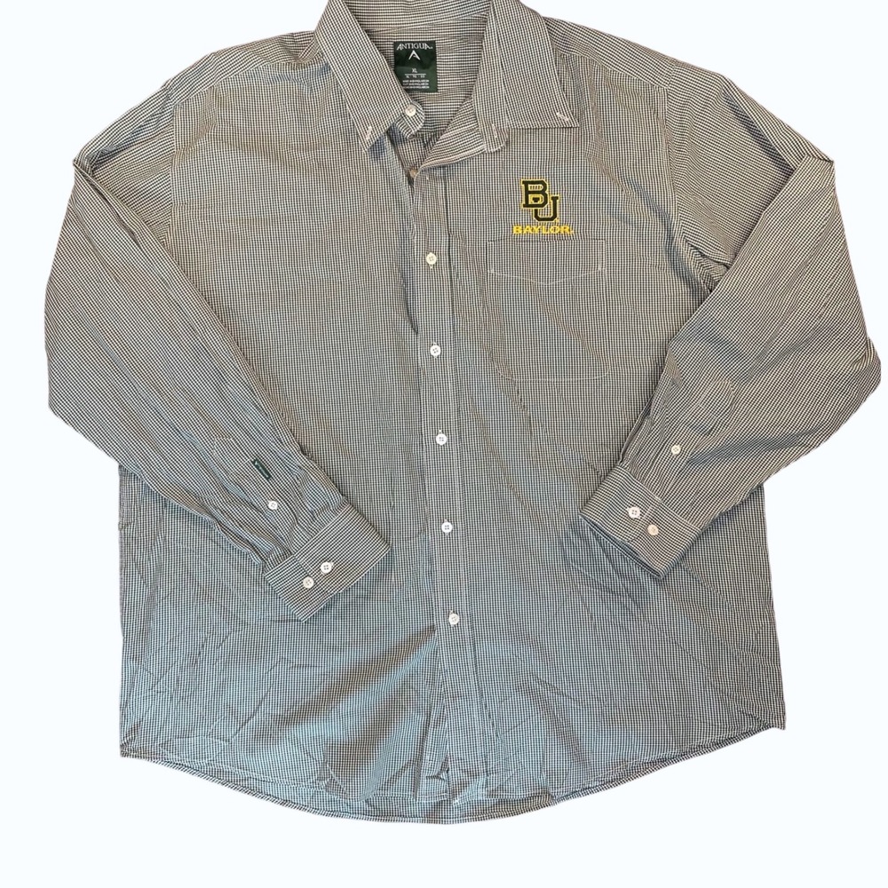 Antigua Baylor University Button Down Shirt XL Green Gingham Long Sleeve Mens